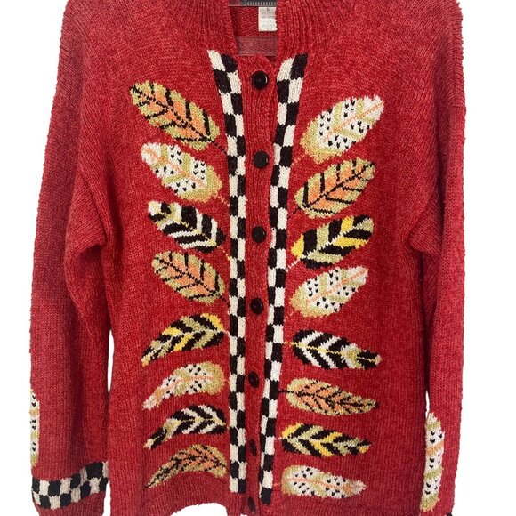 Vintage South Cotton Orange Cardigan Sweater Large Leaf Pattern Cottagecore - Picture 2 of 8